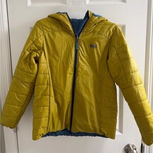 Rei Kids Puffer Coat Reversible With Hood Size L Blue & Gold